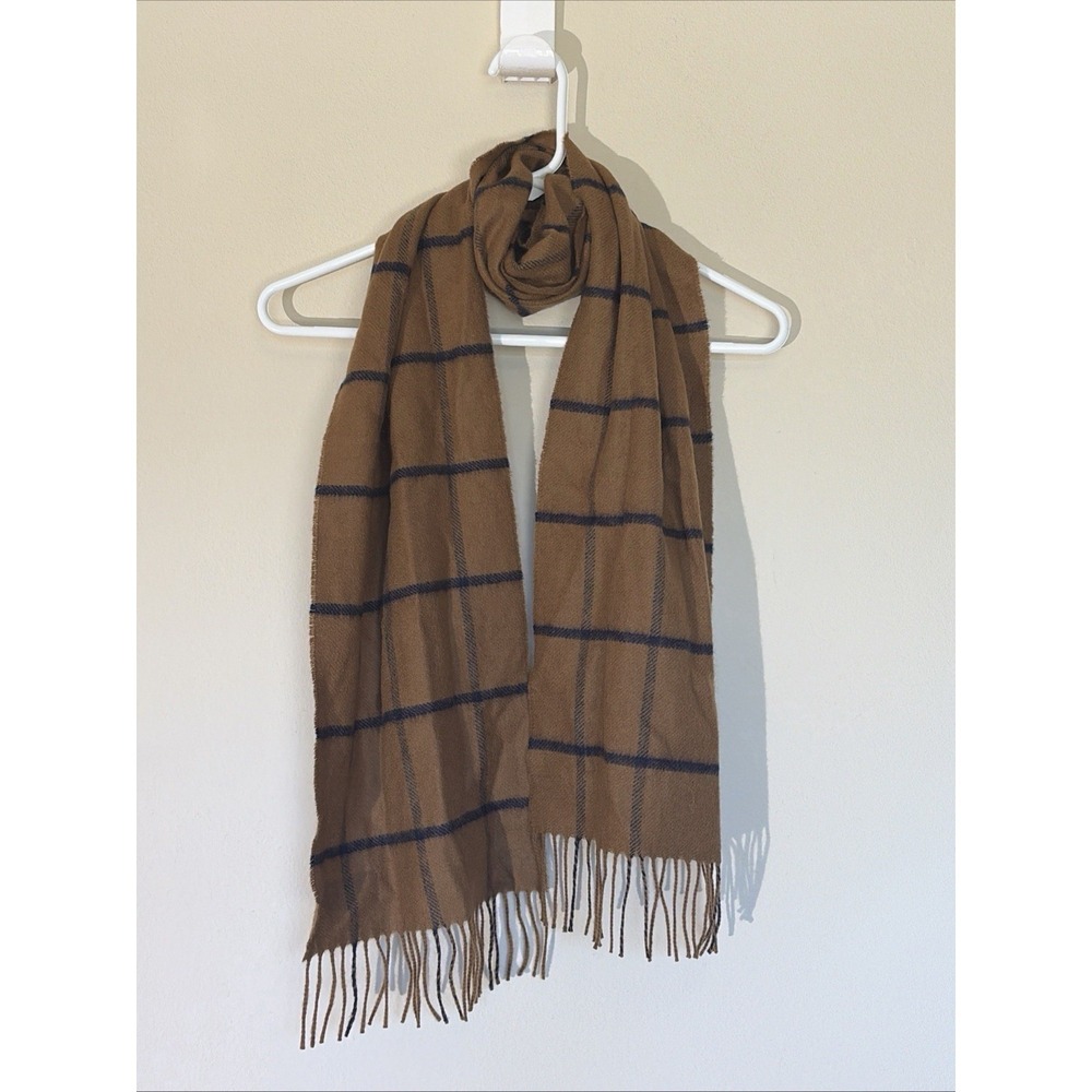 Cotswold Woollen Weavers Brown Navy Plaid Fringe Hem Scarf Wrap Accessory UK‎